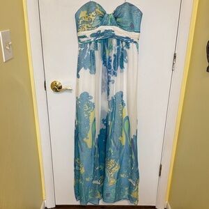Cache Silk Strapless Dress with Blue and Yellow, Sparkly